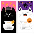 Cat calendar 2017. Cute funny cartoon character set. September October autumn month. Orange leaf Graduation hat Academic Cap Bat