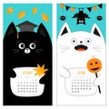 Cat calendar 2017. Cute funny cartoon character set. September October autumn month. Orange leaf Graduation hat Academic Cap. Bat
