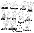 Cat calendar. Funny cat drawn by hand at different times of the year.