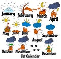 Cat calendar. Funny cat drawn by hand at different times of the year.