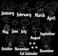 Cat calendar. Funny cat drawn by hand at different times of the year.