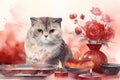 Cat and candles. Watercolor illustration. Red roses in vase. Royalty Free Stock Photo