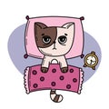 Cat cannot sleep at night. Cute cartoon kitten lying in bed. Sleep disorder and mental health problems. Insomnia