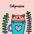 Cat cappuccino hand drawn vector illustration in cartoon comic style animal sitting inside textured background