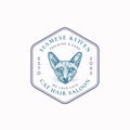 Cat Care Saloon Frame Badge or Logo Template. Hand Drawn Siamese Breed Face Sketch with Retro Typography and Borders