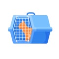 Cat in carrier. Plastic carrying case for traveling with pets or visiting veterinarian. Red cat in transportation box or