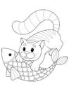 Cat caught a fish, isolated picture. Black line, white background. Raster coloring book.