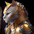 Cat character wearing gold and red armor created with Generative Ai technology. Royalty Free Stock Photo