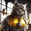 Cat character wearing gold and red armor created with Generative Ai technology. Royalty Free Stock Photo