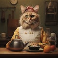 A cat chef in an apron and cap stands at a table in the kitchen. Red tabby cat with a bowl of porridge and a kettle at home Royalty Free Stock Photo