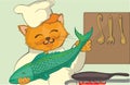 Cat - Chef. Fish in paws Cartoon vector Royalty Free Stock Photo