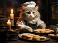 Cat chef flips pancake in welllit kitchen