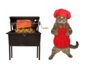 Cat chef grills salmon on skewer Royalty Free Stock Photo