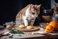 cat chef making fluffy omelet with fresh ingredients and spices