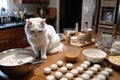 cat chef, mixing up a batch of homemade cat treats in the kitchen