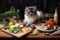 cat chef prepares nutritious, healthy meal for its feline friends