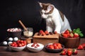 cat chef preparing dessert with ingredients like strawberries, chocolate and cream