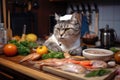 cat chef preparing a feast of fish, fruits, and vegetables for its feline friends