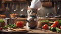 cat chef preparing food A mischievous kitten with a tiny chef hat and apron, cooking in a miniature kitchen set