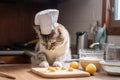 cat chef, whisking eggs and adding spices to create delicious omelet