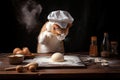 cat chef, whisking eggs and adding spices to create delicious omelet