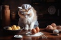 cat chef, whisking eggs and adding spices to create delicious omelet