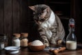 cat chef, whisking eggs and seasoning with salt and pepper for delicate omelette