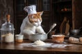 cat chef, whisking and stirring batter for delicious sweet treat