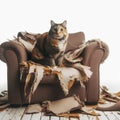 cat chewed and destroyed the sofa and sits on it, a portrait of a harmful cat on white background. ai generative