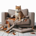 cat chewed and destroyed the sofa and sits on it, a portrait of a harmful cat on white background. ai generative