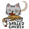 Cat and chicken grilled cartoon illustration