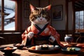 cat in a Chinese kimono prepares sushi