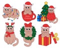 Set of cartoon Christmas and New Year Cat characters. Cute Kittens in cup and in gift box, garland, candy cane, wreath