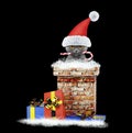 Cat with christmas candy climbs out of chimney. Isolated on black Royalty Free Stock Photo