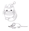 Cat in a Christmas cap and a mouse in medical masks, graphic black and white drawing on a white background, social distance