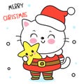 Cat Christmas cartoon with magic star (happy new year kids) animal kawaii kitten vector for fairy tale book. Royalty Free Stock Photo