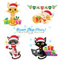 Cat Christmas Game. Set Of Christmas Cats Vector. Cartoon Cats With Holiday Gifts. Royalty Free Stock Photo