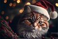 Cat in Christmas hat amid Christmas background created with generative AI technology