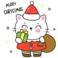 Cat Christmas santa cartoon with xmas bag and gift (happy new year kids) animal kawaii kitten vector for fairy