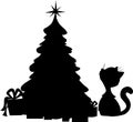 Cat and Christmas Tree - Silhouette Vector Illustration on White Royalty Free Stock Photo