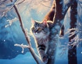 A cat climbing the thin branches of a frozen tree in a snowy forest landscape Royalty Free Stock Photo