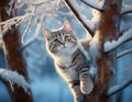 A cat climbing the thin branches of a frozen tree in a snowy forest landscape Royalty Free Stock Photo