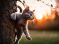 A cat climbing up a tree with the sun setting in the background. Generative AI image. Royalty Free Stock Photo