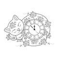 Cat clock coloring page. Thin line coloring book. Vector illustration for kids and adult. Hand drawn zen tangle.