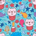 Cat cloud fish star line seamless pattern Royalty Free Stock Photo