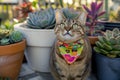 cat with a colorful bandana near potted succulent plants Royalty Free Stock Photo