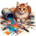 A cat with colorful paints on its paws and face, surrounded by spilled paint cans Royalty Free Stock Photo