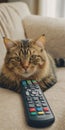 A cat in comfortable attire lounges on a sofa, holds a remote control, and watches a television program. Ai generated