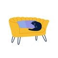 Cat on comfy sofa chair. Cartoon domestic pet animal on cozy couch armchair. Sleeping cute cat drawing. Vector art Royalty Free Stock Photo