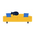 Cat on comfy sofa. Cat sleeping cozy couch, happy playful pet, domestic animal drawing. Vector modern abstract art